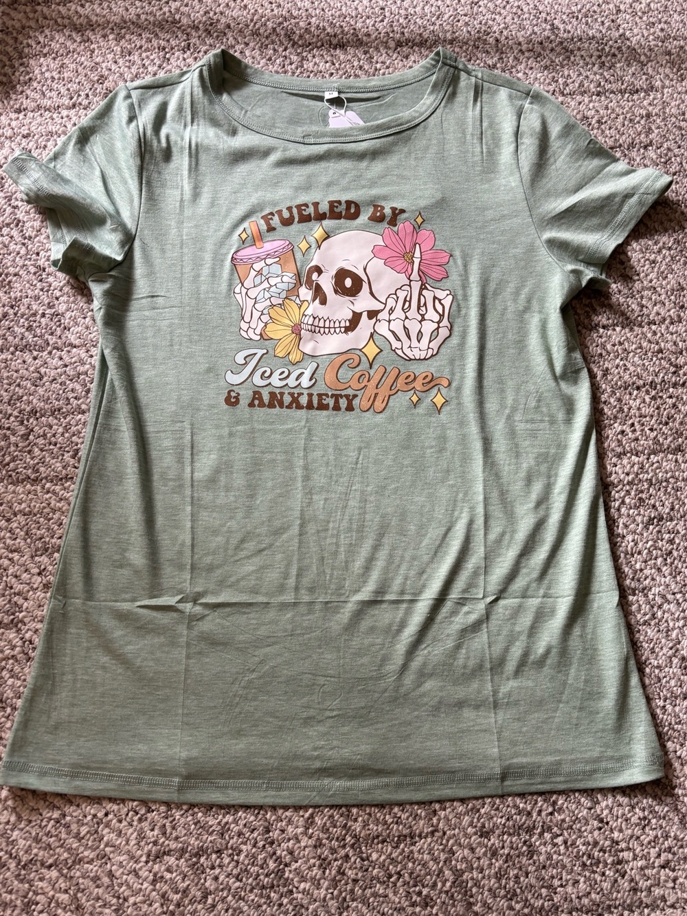 Iced Coffee & Anxiety Graphic Tee - Sage Green